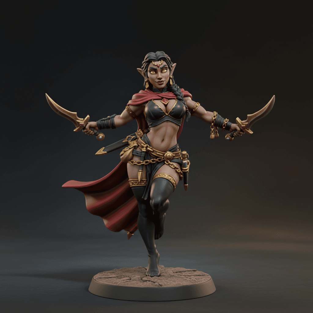 Seara The Enchantress Dark elf with golden eyes and desert heritage. Rogue (Swashbuckler) — agile, charming, and deadly up close.