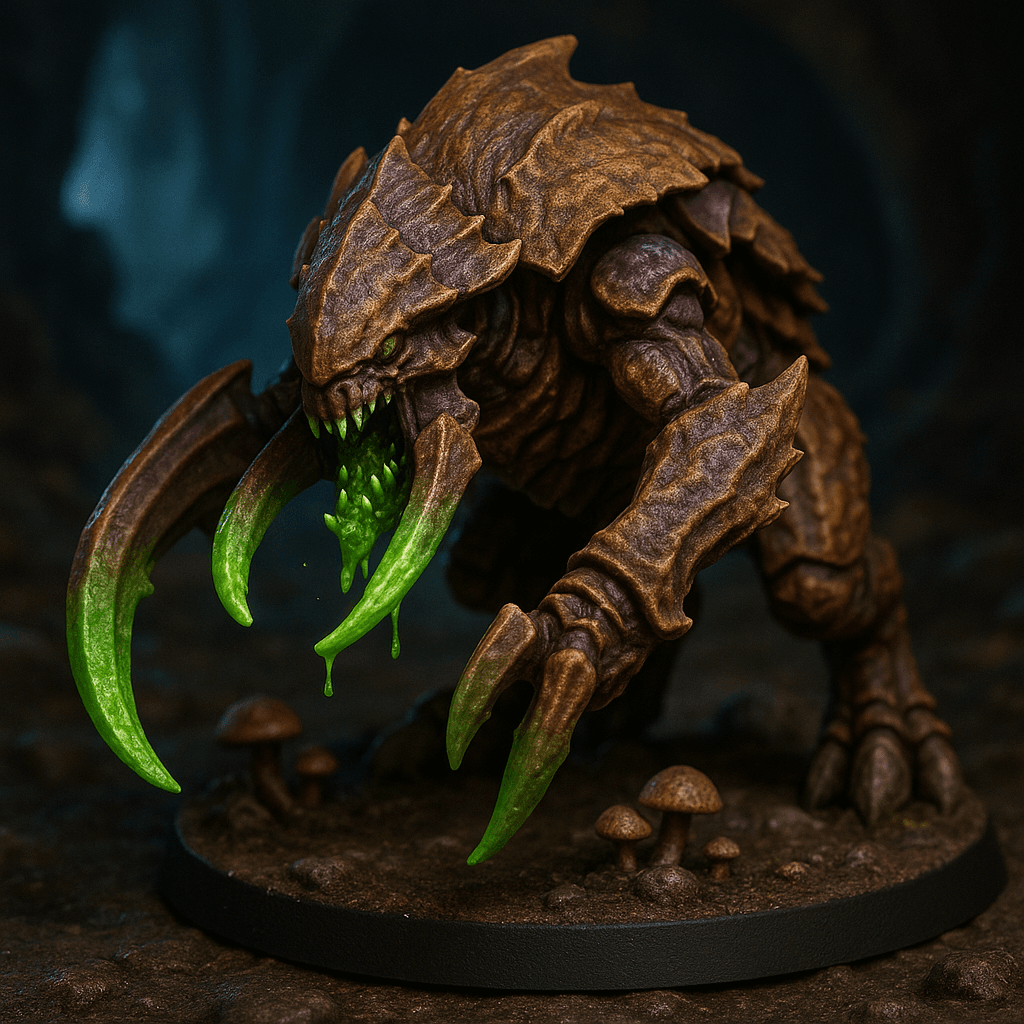 Miniature render generated for: A highly detailed tabletop miniature of a Alien-bug Reaver, wearing Hide is a mixture of browns and deep purples. Massive claws and mandibles dripping deadly green acid, massive hard exoskeleton. Has only 4 legs, does not have any arms. Not wearing any armor. Looks like a hybrid of a zerg ultralisk and termanid, armed with Claws, posed charging forward.
Crafted in 32mm heroic scale hand-painted resin miniature, capturing dramatic storytelling energy.
Style: professional miniature photography, dramatic three-point lighting, shallow depth of field, crisp focus on the model; edge highlights, glaze transitions, OSL glow on runes, subtle weathering.
Camera: hero three-quarter perspective.
Background: damp caverns with mushrooms base with atmospheric scenic effects.
Palette: colors 00FF16, 834770, 672D00 as accent tones.
Guidance: no logos, no text overlays, no famous named characters; emphasise miniature craftsmanship.
Consistency token: seed 9650158.