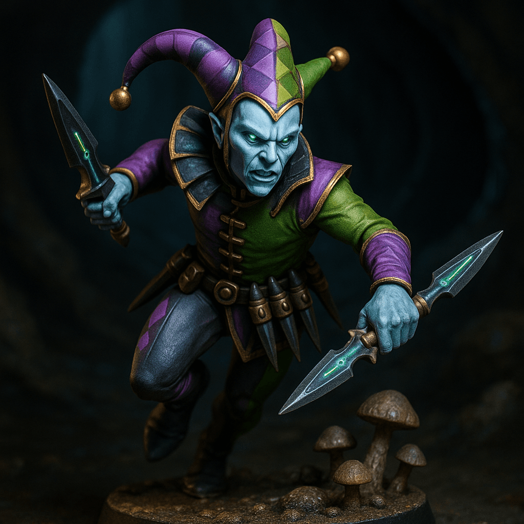 Miniature render generated for: A highly detailed tabletop miniature of a Eldar-elf Jester, wearing Dressed in traditional court jester garb themed in the space age, clothing is a mix of purples and greens and skin is a pale blue. Deadly space-age style throwing daggers along belt and in hands, armed with Space-throwing-dagger, posed charging forward.
Crafted in 32mm heroic scale hand-painted resin miniature, capturing dramatic storytelling energy.
Style: professional miniature photography, dramatic three-point lighting, shallow depth of field, crisp focus on the model; edge highlights, glaze transitions, OSL glow on runes, subtle weathering.
Camera: hero three-quarter perspective.
Background: damp caverns with mushrooms base with atmospheric scenic effects.
Palette: colors 12FF00, F000FF, 89898B, 6366F1 as accent tones.
Guidance: no logos, no text overlays, no famous named characters; emphasise miniature craftsmanship.
Consistency token: seed 1.