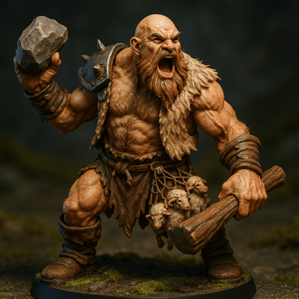 Miniature render generated for: A highly detailed tabletop miniature of a male Giant Warrior, wearing Hairy chest, shoddy open vest made from sheepskin, posed Aggressive and roaring.
Crafted in 32mm heroic scale hand-painted resin miniature, capturing dramatic storytelling energy.
Headgear: Bald, beard that runs down to waist.
Shoulder · Left: Spiked steel pauldron.
Shoulder · Right: none.
Chest Armor: Hairy chest, shoddy open vest made from sheepskin.
Arm · Left: none.
Arm · Right: none.
Weapon · Left Hand: Oak club.
Weapon · Right Hand: A rock.
Trinket I: none.
Trinket II: none.
Trinket III: none.
Belt: Simple loincloth.
Belt Accessory · Left: Three sheep caught in a net.
Belt Accessory · Right: none.
Leg Armor · Left: Leather greaves.
Leg Armor · Right: Leather greaves.
Stance: Aggressive and roaring.
Style: professional miniature photography, dramatic three-point lighting, shallow depth of field, crisp focus on the model; edge highlights, glaze transitions, OSL glow on runes, subtle weathering.
Camera: hero three-quarter perspective.
Background: mossy forest floor base with atmospheric scenic effects.
Palette: limited fantasy hues with saturated highlights.
Guidance: no logos, no text overlays, no famous named characters; emphasise miniature craftsmanship.
Consistency token: seed 8208319.
3D printing constraints: Maintain 32 mm heroic scale proportions without altering listed materials, colors, or equipment. Anchor the figure securely on a 25 mm round base; allow supports but avoid fragile floating details or knife-edge geometry. Ensure all parts meet or exceed 1.2 mm wall thickness and keep overhangs self-supporting. Deliver a watertight, manifold STL-ready mesh with clean normals; no hollow cavities or disconnected pieces.