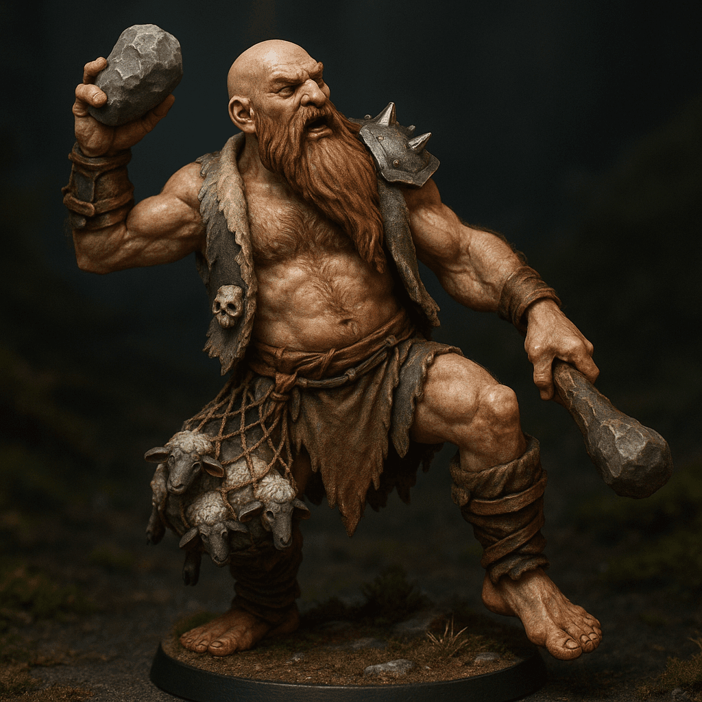 Miniature render generated for: A highly detailed tabletop miniature of a male Giant Warrior, wearing Hairy chest, shoddy open vest made from sheepskin, posed Leaning backwards, right foot raised to step on.
Crafted in 32mm heroic scale hand-painted resin miniature, capturing dramatic storytelling energy.
Headgear: Bald, beard that runs down to waist.
Shoulder · Left: Spiked steel pauldron.
Shoulder · Right: none.
Chest Armor: Hairy chest, shoddy open vest made from sheepskin.
Arm · Left: none.
Arm · Right: none.
Weapon · Left Hand: Oak club.
Weapon · Right Hand: A rock.
Trinket I: Small skull.
Trinket II: none.
Trinket III: none.
Belt: Simple loincloth.
Belt Accessory · Left: Three sheep caught in a net.
Belt Accessory · Right: none.
Leg Armor · Left: Leather greaves.
Leg Armor · Right: Barefoot.
Stance: Leaning backwards, right foot raised to step on.
Style: professional miniature photography, dramatic three-point lighting, shallow depth of field, crisp focus on the model; edge highlights, glaze transitions, OSL glow on runes, subtle weathering.
Camera: hero three-quarter perspective.
Background: mossy forest floor base with atmospheric scenic effects.
Palette: limited fantasy hues with saturated highlights.
Guidance: no logos, no text overlays, no famous named characters; emphasise miniature craftsmanship.
Consistency token: seed 8208319.
3D printing constraints: Maintain 32 mm heroic scale proportions without altering listed materials, colors, or equipment. Anchor the figure securely on a 25 mm round base; allow supports but avoid fragile floating details or knife-edge geometry. Ensure all parts meet or exceed 1.2 mm wall thickness and keep overhangs self-supporting. Deliver a watertight, manifold STL-ready mesh with clean normals; no hollow cavities or disconnected pieces.