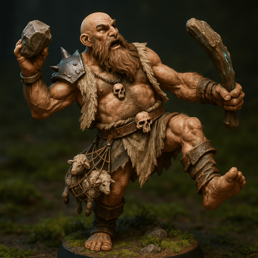 Miniature render generated for: A highly detailed tabletop miniature of a male Giant Warrior, wearing Hairy chest, shoddy open vest made from sheepskin, posed Leaning backwards, right foot raised high to step down.
Crafted in 32mm heroic scale hand-painted resin miniature, capturing dramatic storytelling energy.
Headgear: Bald, beard that runs down to waist.
Shoulder · Left: Spiked steel pauldron.
Shoulder · Right: none.
Chest Armor: Hairy chest, shoddy open vest made from sheepskin.
Arm · Left: none.
Arm · Right: none.
Weapon · Left Hand: Oak club.
Weapon · Right Hand: A rock.
Trinket I: Small skull.
Trinket II: none.
Trinket III: none.
Belt: Simple loincloth.
Belt Accessory · Left: Three sheep caught in a net.
Belt Accessory · Right: none.
Leg Armor · Left: Leather greaves.
Leg Armor · Right: Barefoot.
Stance: Leaning backwards, right foot raised high to step down.
Style: professional miniature photography, dramatic three-point lighting, shallow depth of field, crisp focus on the model; edge highlights, glaze transitions, OSL glow on runes, subtle weathering.
Camera: hero three-quarter perspective.
Background: mossy forest floor base with atmospheric scenic effects.
Palette: limited fantasy hues with saturated highlights.
Guidance: no logos, no text overlays, no famous named characters; emphasise miniature craftsmanship.
Consistency token: seed 8208319.
3D printing constraints: Maintain 32 mm heroic scale proportions without altering listed materials, colors, or equipment. Anchor the figure securely on a 25 mm round base; allow supports but avoid fragile floating details or knife-edge geometry. Ensure all parts meet or exceed 1.2 mm wall thickness and keep overhangs self-supporting. Deliver a watertight, manifold STL-ready mesh with clean normals; no hollow cavities or disconnected pieces.