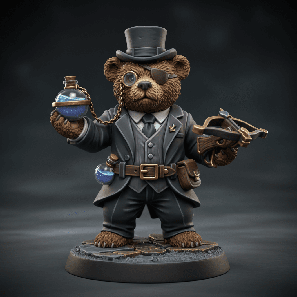 Dr. Patches Magoo Teddy bear with brown fur the size of a halfling Alchemist