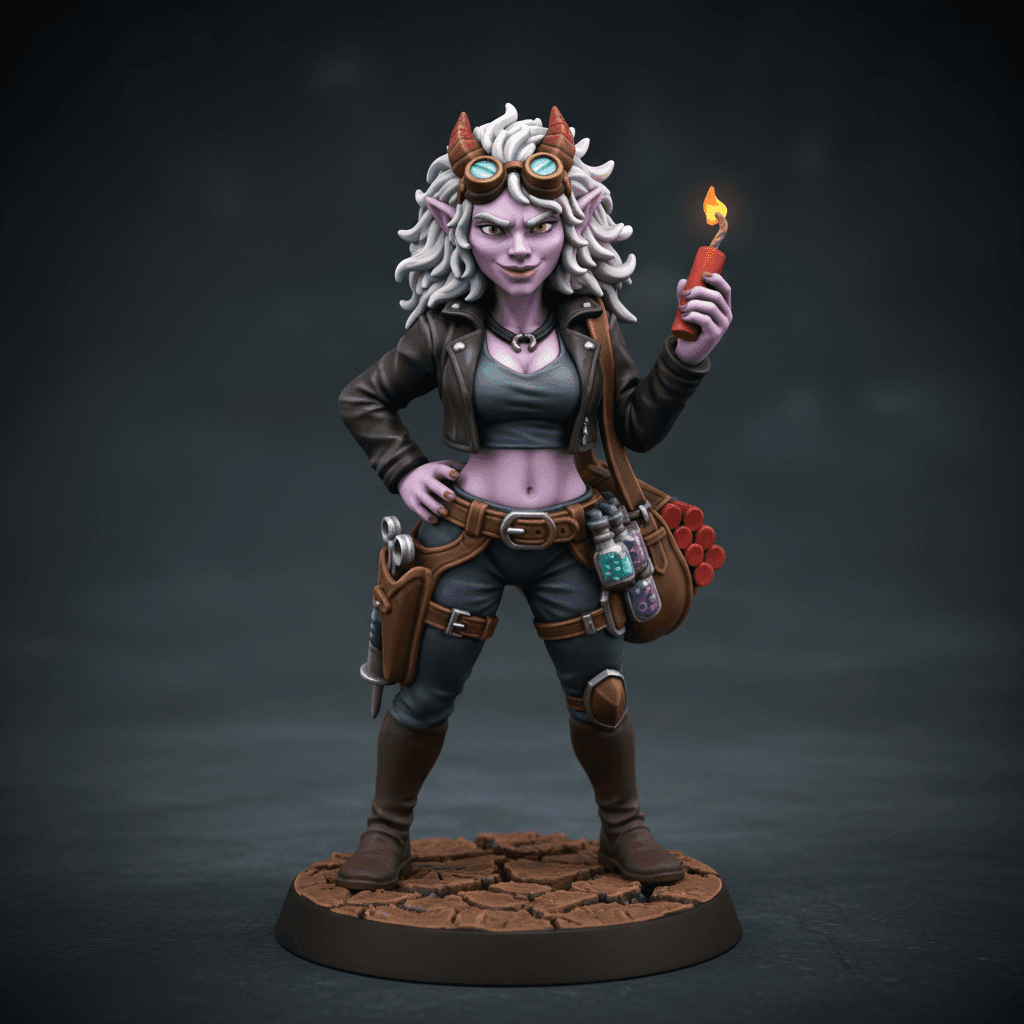 Syndora Tiefling with pale lavender skin wild frizzycurly white hair Artificer