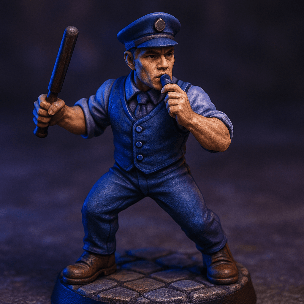 Miniature render generated for: A highly detailed tabletop miniature of a Human Town guard, wearing Vest and button up shirt, posed heroic stance.
Crafted in 32mm heroic scale hand-painted resin miniature, capturing dramatic storytelling energy.
Headgear: Guard hat.
Shoulder · Left: none.
Shoulder · Right: none.
Chest Armor: Vest and button up shirt.
Arm · Left: none.
Arm · Right: none.
Weapon · Left Hand: Whistle.
Weapon · Right Hand: Baton.
Trinket I: none.
Trinket II: none.
Trinket III: none.
Belt: none.
Belt Accessory · Left: none.
Belt Accessory · Right: none.
Leg Armor · Left: none.
Leg Armor · Right: none.
Stance: heroic stance.
Style: professional miniature photography, dramatic three-point lighting, shallow depth of field, crisp focus on the model; edge highlights, glaze transitions, OSL glow on runes, subtle weathering.
Camera: hero three-quarter perspective.
Background: cobblestone base with atmospheric scenic effects.
Palette: colors 4338CA, A855F7, 22D3EE as accent tones.
Guidance: no logos, no text overlays, no famous named characters; emphasise miniature craftsmanship.
Consistency token: seed 4321752.
3D printing constraints: Maintain 32 mm heroic scale proportions without altering listed materials, colors, or equipment. Anchor the figure securely on a 25 mm round base; allow supports but avoid fragile floating details or knife-edge geometry. Ensure all parts meet or exceed 1.2 mm wall thickness and keep overhangs self-supporting. Deliver a watertight, manifold STL-ready mesh with clean normals; no hollow cavities or disconnected pieces.