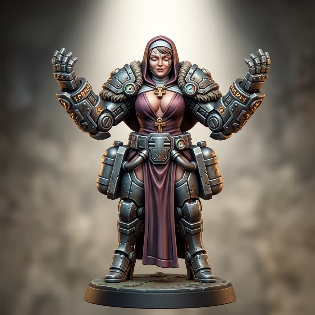 Archbishop of steel and appeal Human (Busty, fleshy, hourglass figure, oversized breasts) Cyborg archbishop